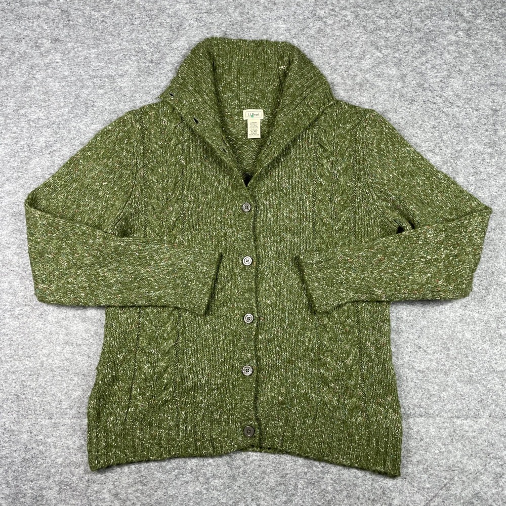 L.L. Bean Cardigan Sweater Womens XL Green Wool Blend Cable Knit Shawl Neck